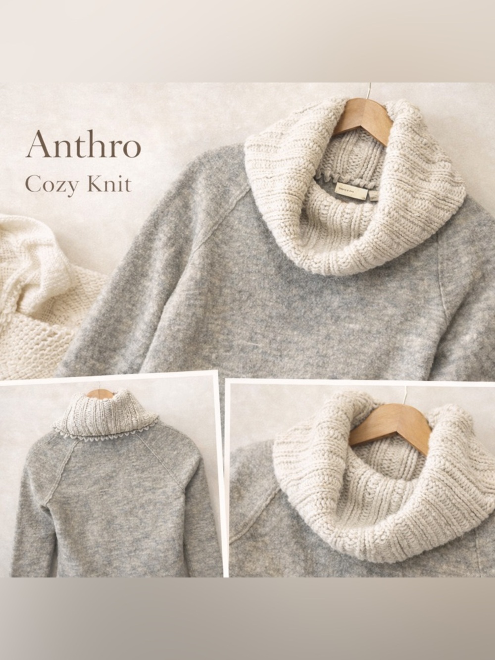 Anthro Sleeping On Snow Wool Sweater Pewter Cream Cowl Neck XS